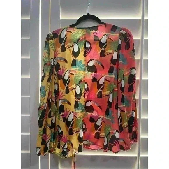 Farm Rio Anthropologie Rainforest Toucan Bird Wrap Shirt Blouse tassel beaded